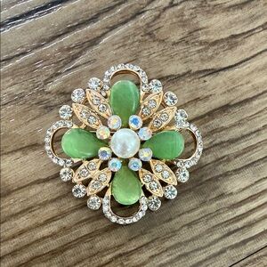 Gold-Tone Green Flower Brooch with Pearl & Crystal Accents